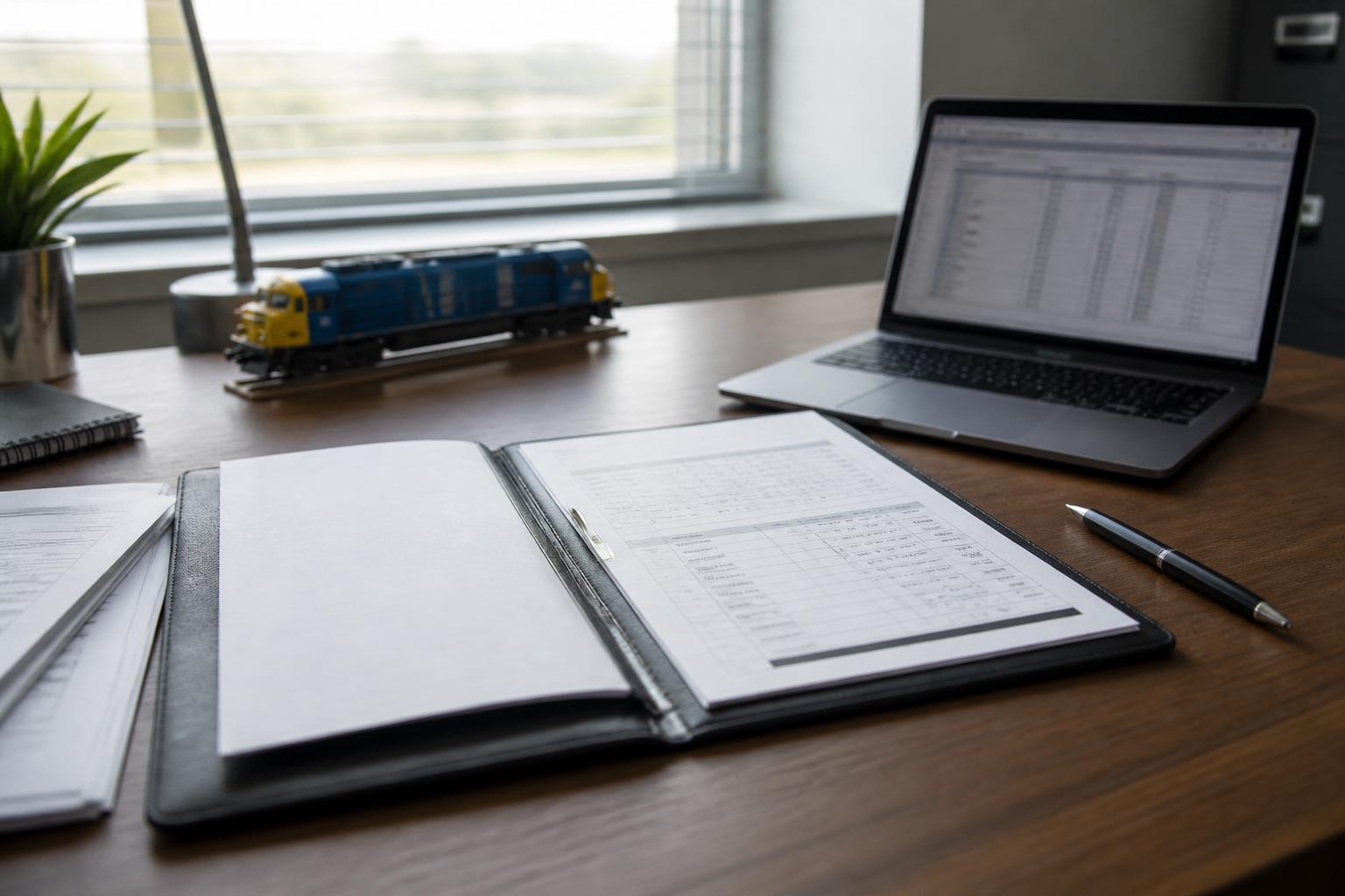 rodatz-formulare-unterlagen-ki Schreibtisch mit Unterlagenmappe, Formularen und Laptop, im Hintergrund eine Modell-Lokomotive – KI-generiertes Symbolbild