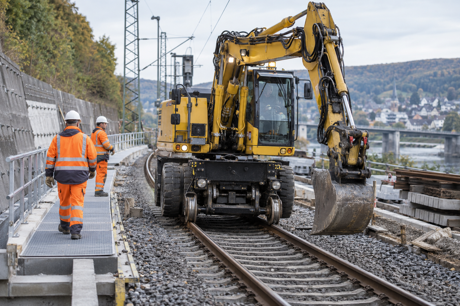 Zweiwege-Bagger auf einer Gleisbaustelle – KI-generiertes Symbolbild