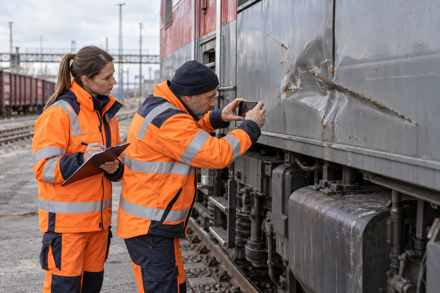 Fachleute dokumentieren einen Schaden an einem Schienenfahrzeug – KI-generiertes Symbolbild