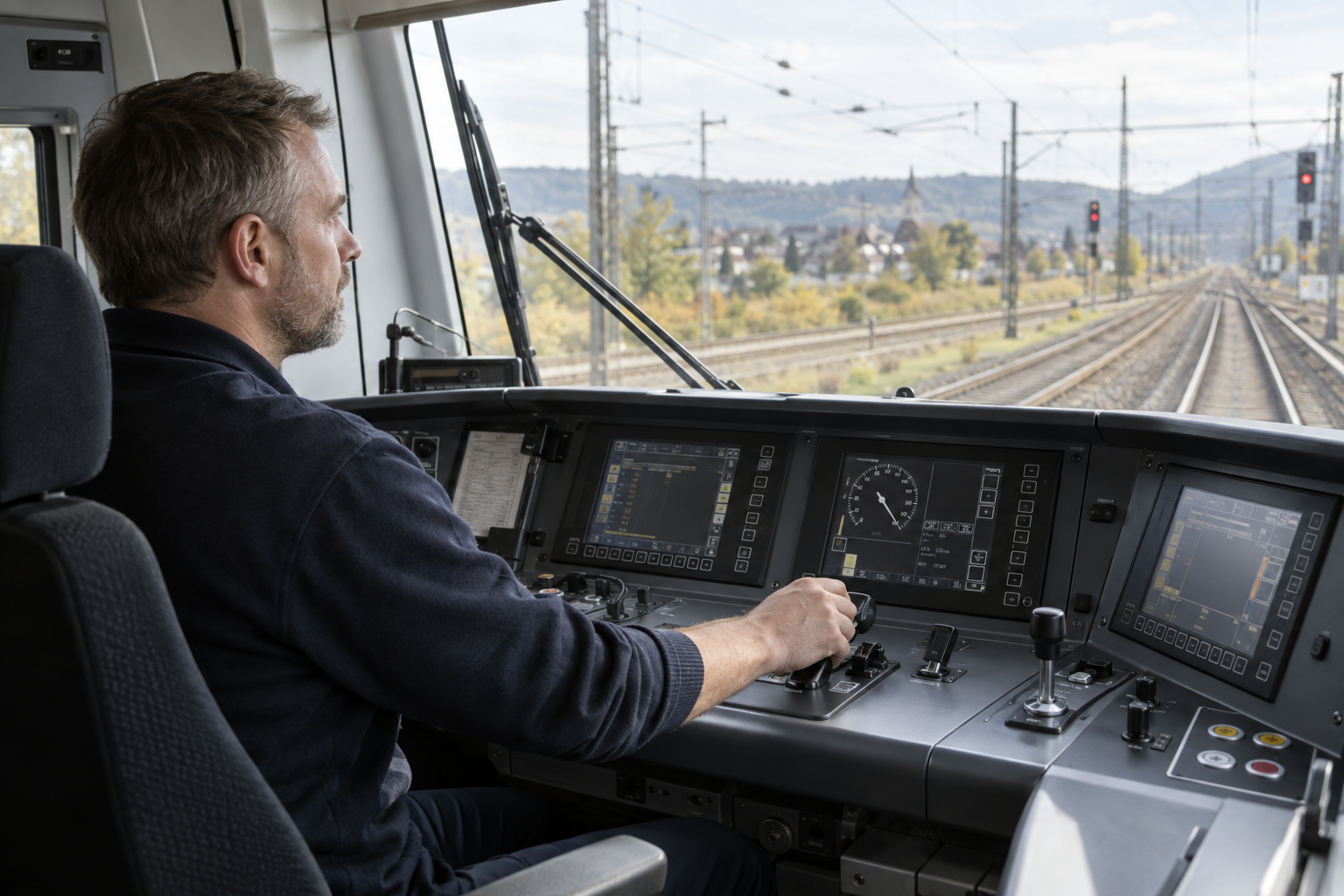 Lokführer am Arbeitsplatz im Führerstand – KI-generiertes Symbolbild