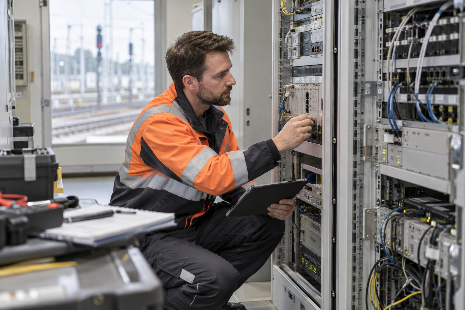 Techniker prüft elektronische Systeme und Messgeräte im Bahnbetrieb – KI-generiertes Symbolbild