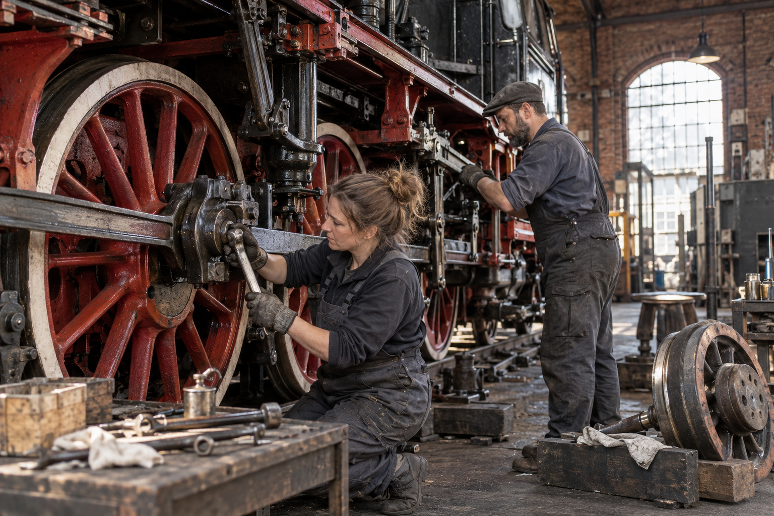 rodatz-heritageWorkshop-ki Ehrenamtliche arbeiten an einer historischen Dampflokomotive – KI-generiertes Symbolbild