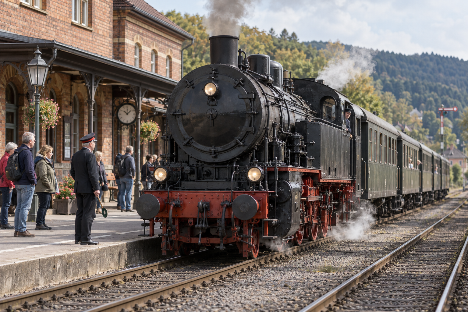 rodatz-museumsbahn-bahnhof-ki Historische Dampflokomotive mit Reisezugwagen und Besuchern am Bahnsteig – KI-generiertes Symbolbild