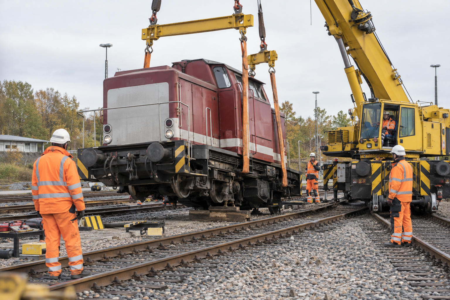 Bergung einer Rangierlokomotive mit Kran und Spezialausrüstung – KI-generiertes Symbolbild
