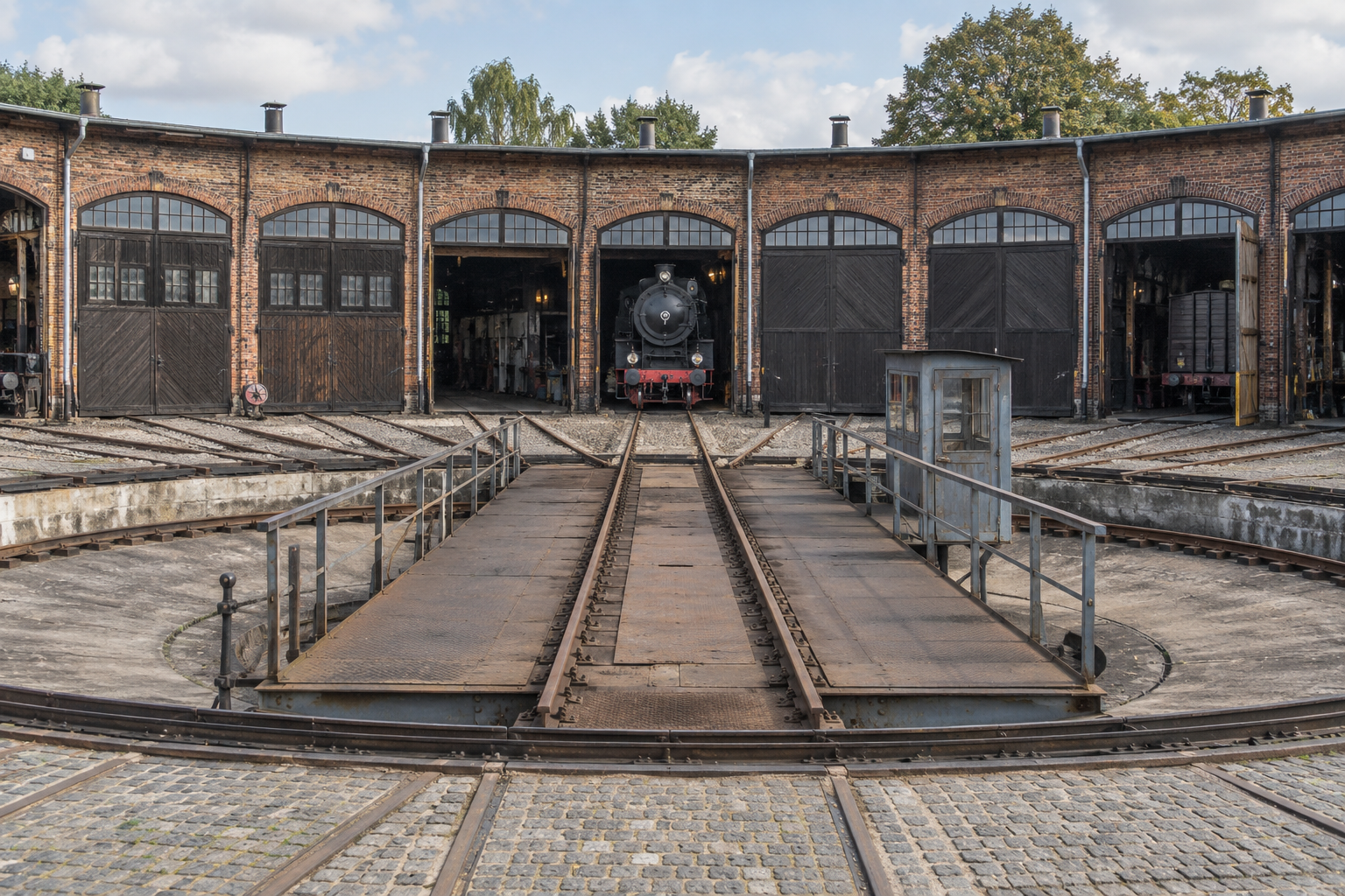 Historischer Lokschuppen mit Drehscheibe – KI-generiertes Symbolbild