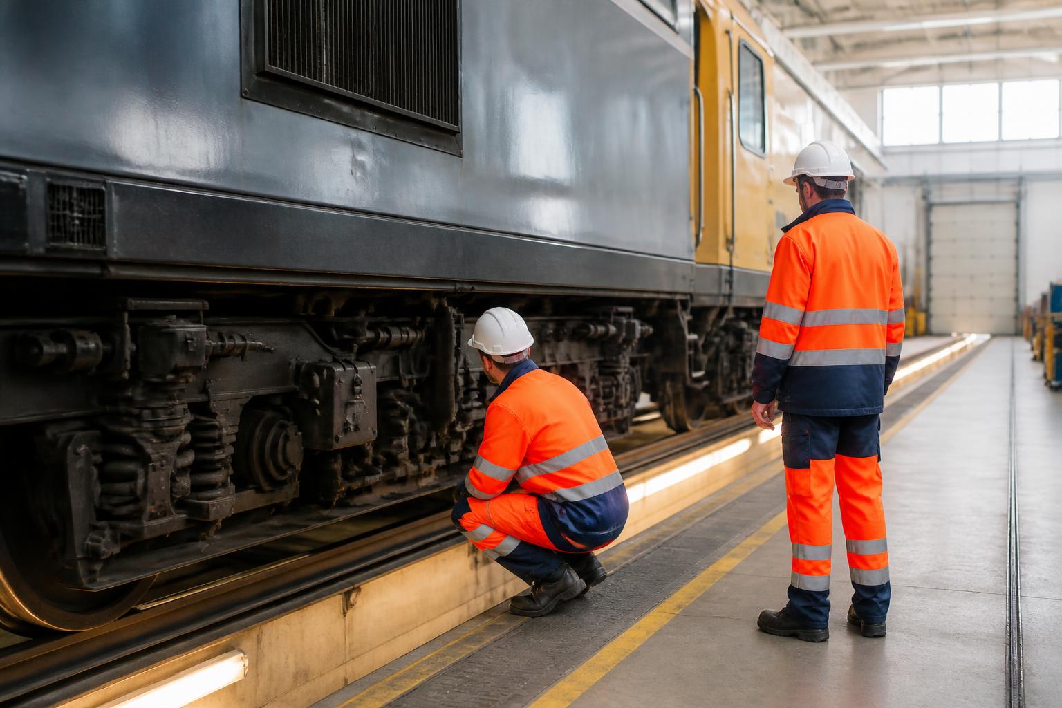rodatz-unfall-bahnpersonal-ki Bahnpersonal in Warnkleidung prüft ein Schienenfahrzeug in der Werkstatthalle – KI-generiertes Symbolbild