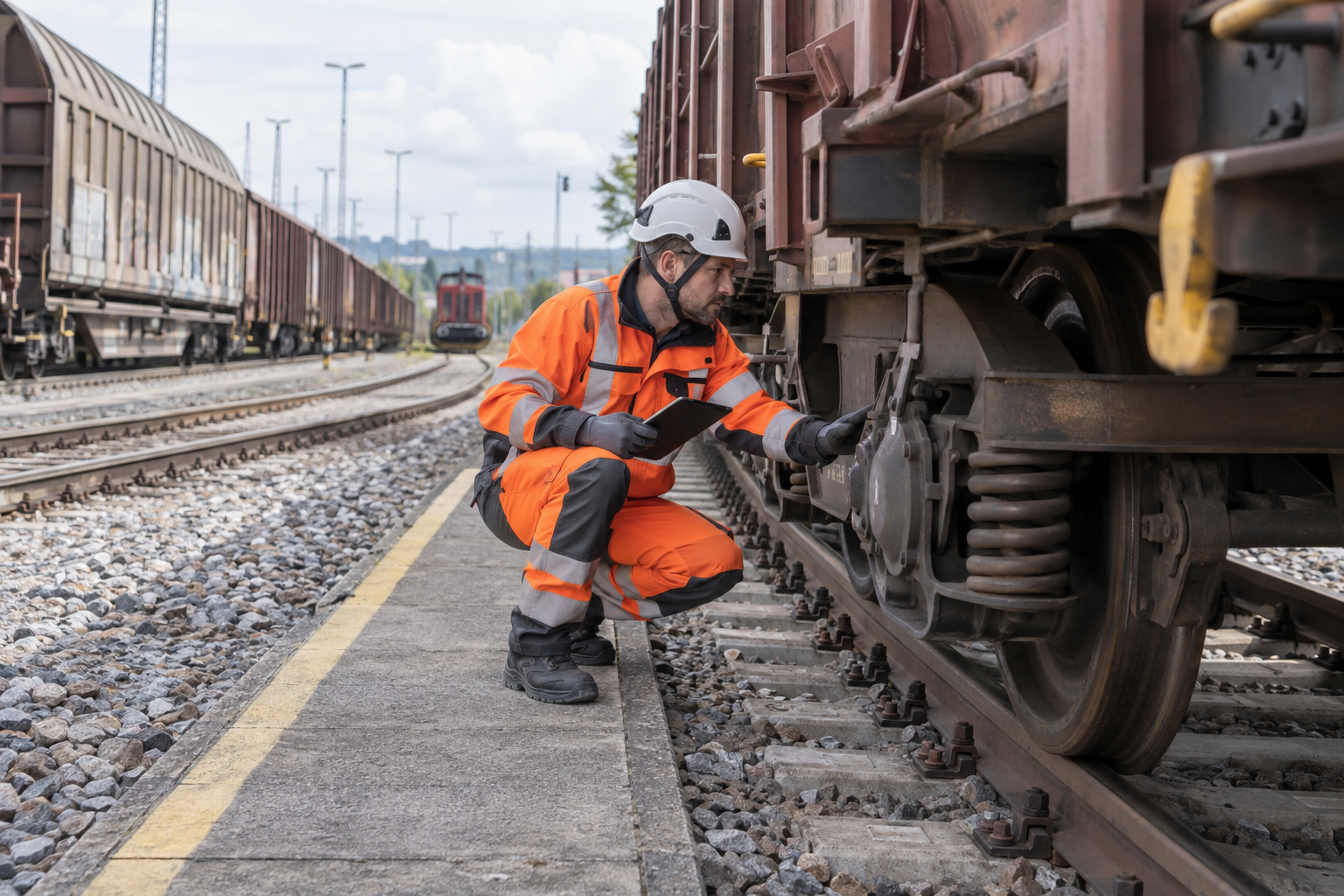 Wagenprüfer untersucht das Fahrwerk eines Güterwagens – KI-generiertes Symbolbild