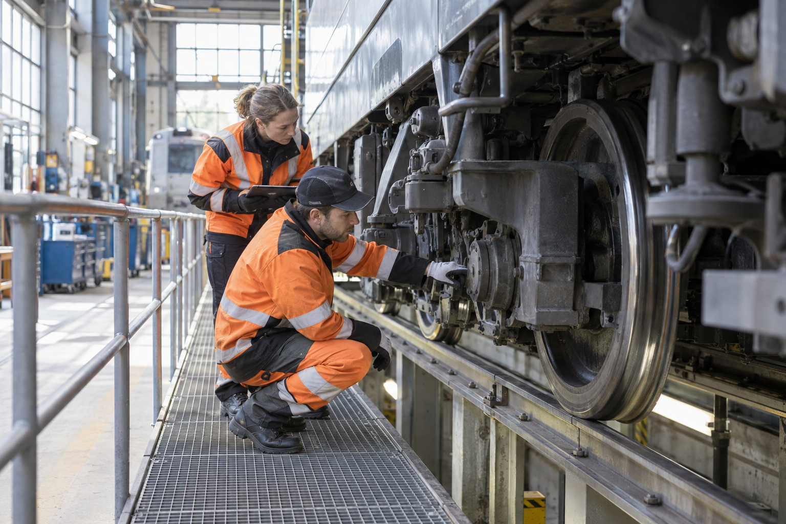 rodatz-werkstatt-instandhaltung-ki Techniker prüfen ein Schienenfahrzeug in der Werkstatt – KI-generiertes Symbolbild